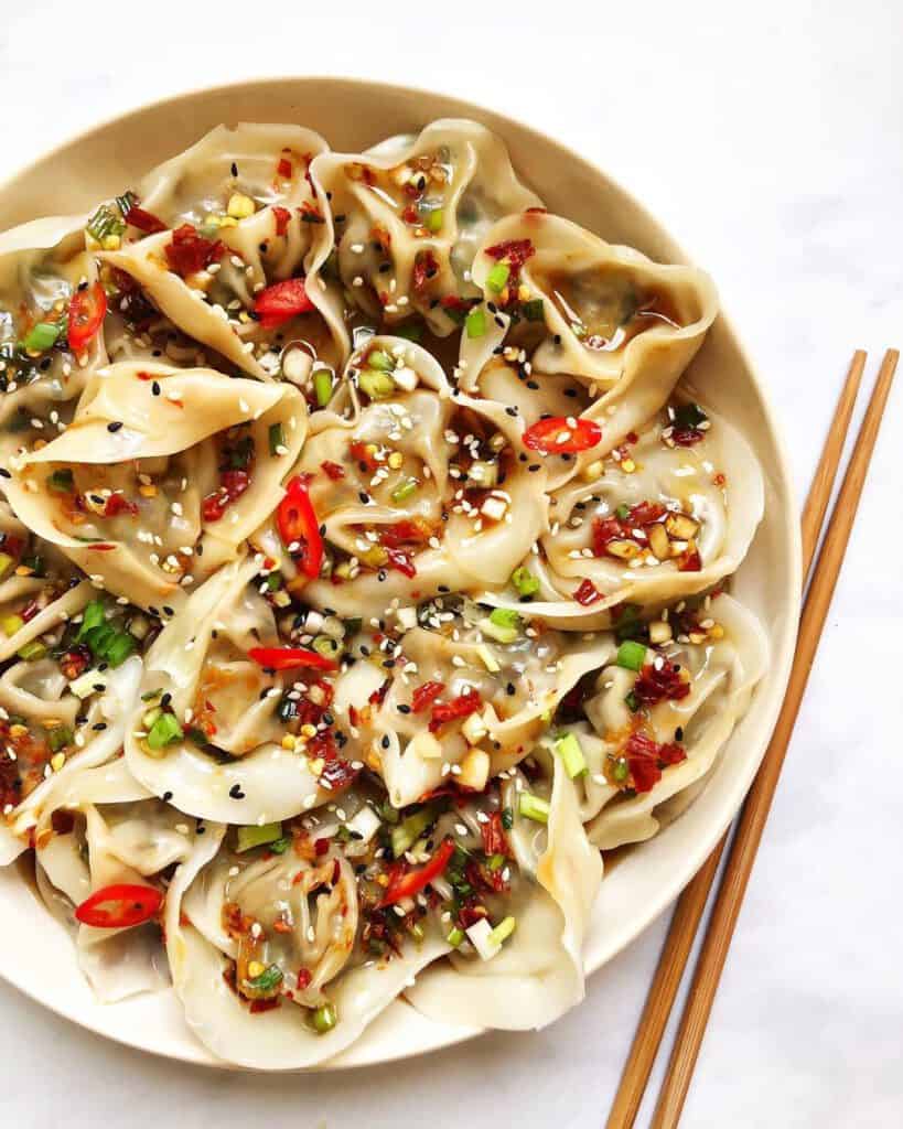 Chestnut Mushroom Dumplings with Spicy Chili Oil Sauce