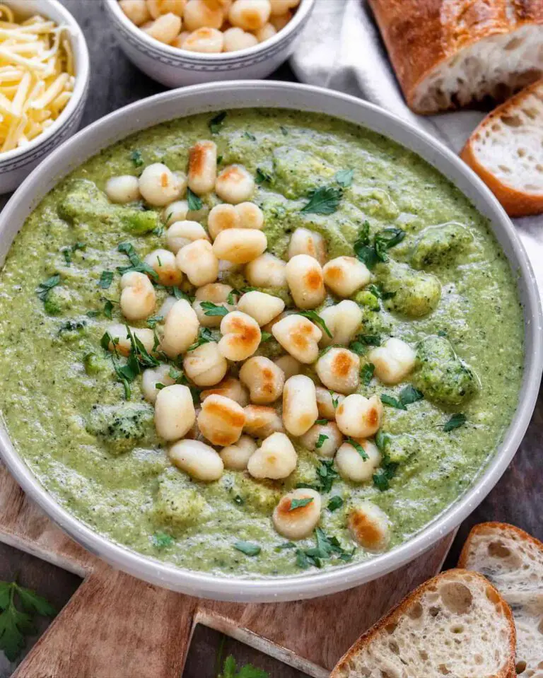Creamy Broccoli Pesto Soup With Pan Fried Gnocchi recipe served in a bowl.