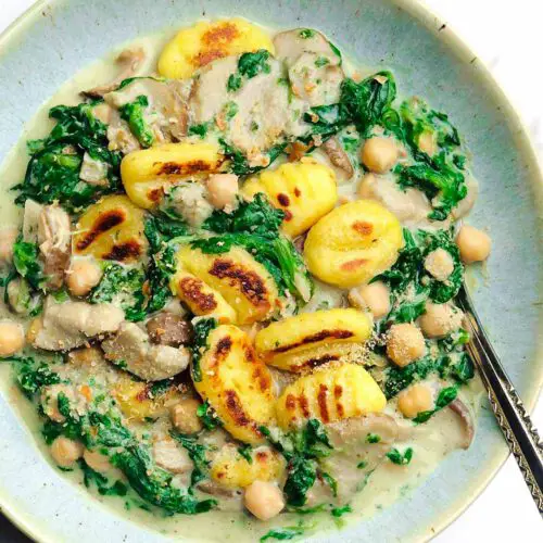Creamy Gnocchi with Oyster Mushrooms recipe served in a bowl.