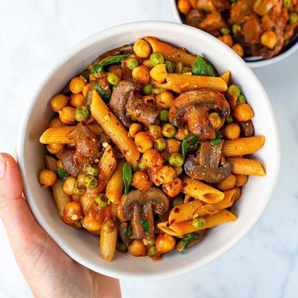 Creamy Mushroom & Chickpea Pasta recipe served in a bowl.