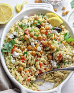 Orzo with Roasted Chickpeas recipe served in a large bowl.