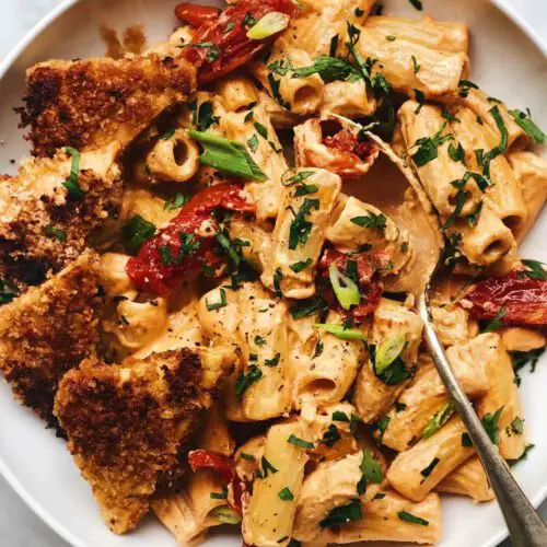 Panko Crusted Tempeh recipe with pasta served in a bowl.