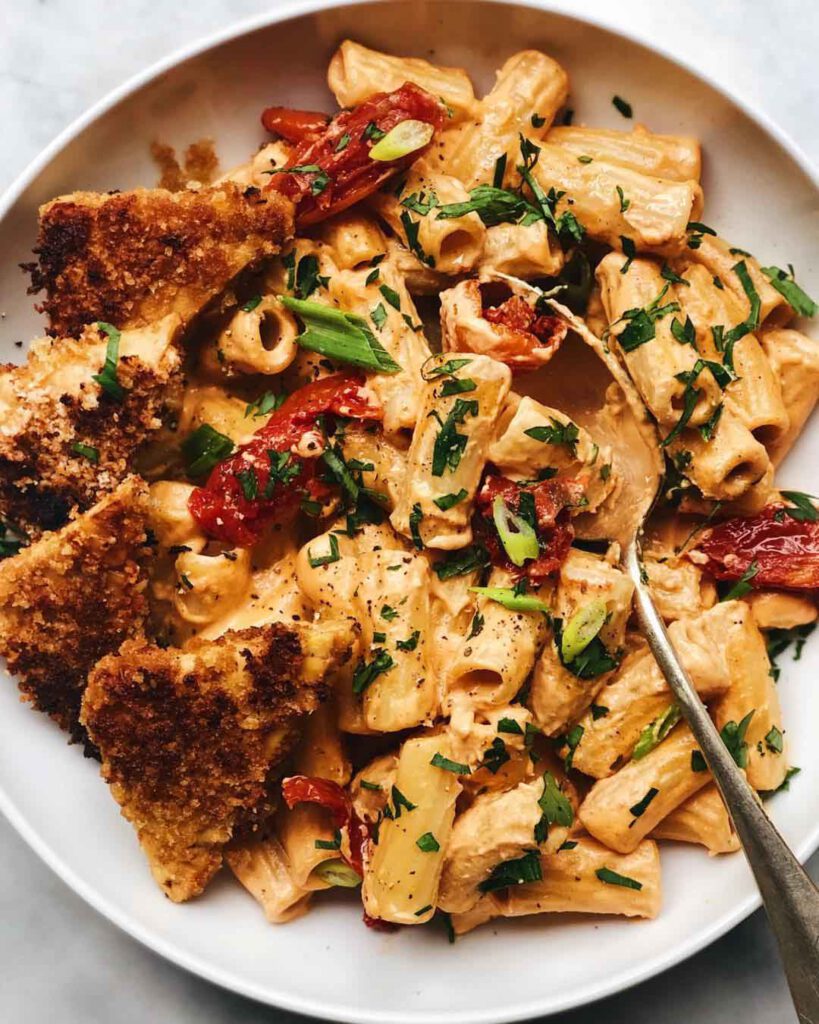 Panko Crusted Tempeh recipe with pasta served in a bowl.