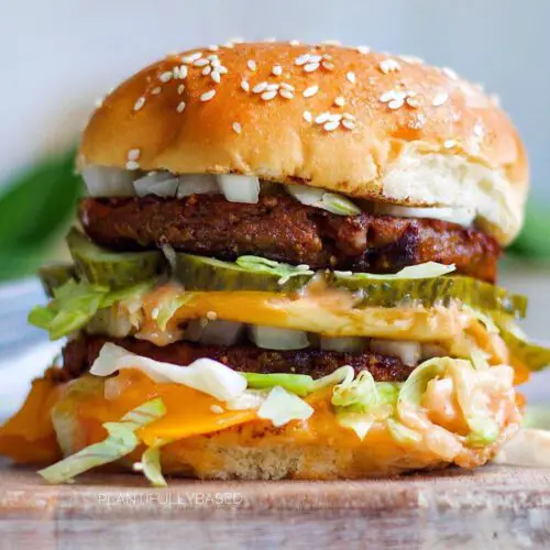 Vegan Big Mac burger recipe displayed on a plate.