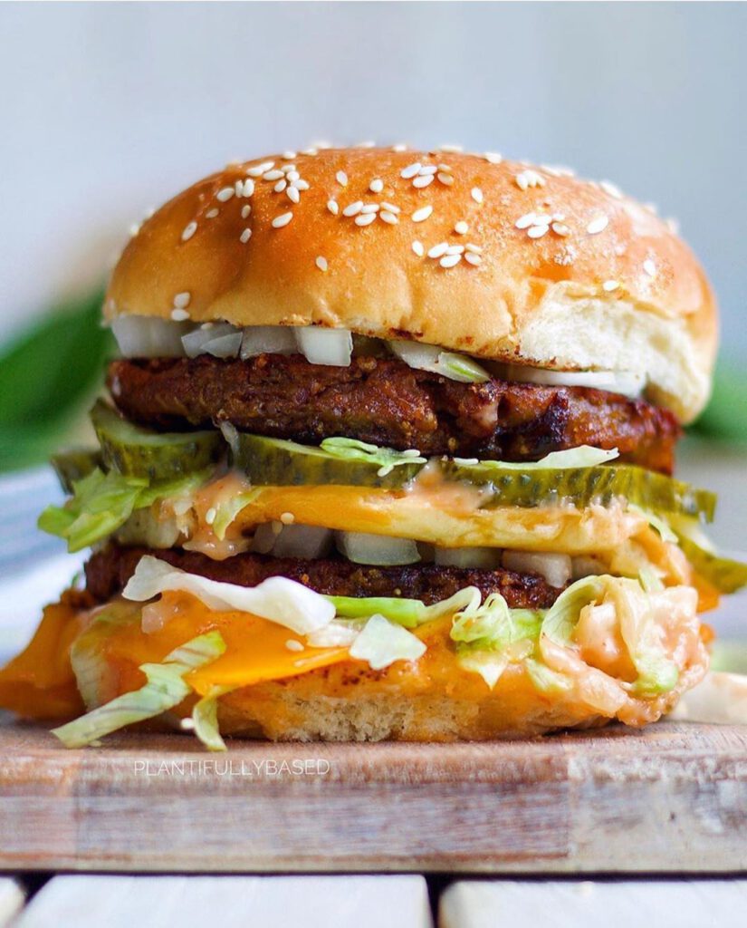 Vegan Big Mac burger recipe displayed on a plate.