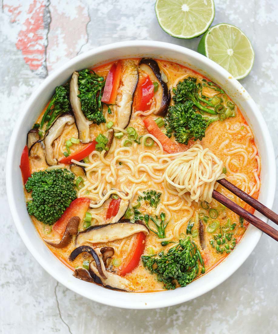 Vegan Thai Red Curry Ramen Noodles recipe served in a bowl with chopsticks.
