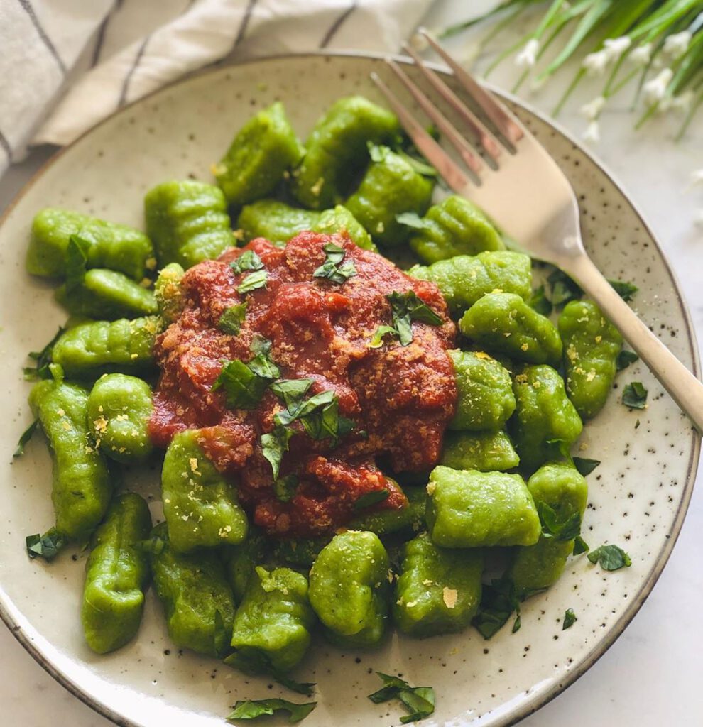 4 Ingredient Spinach Gnocchi recipe served on a plate.