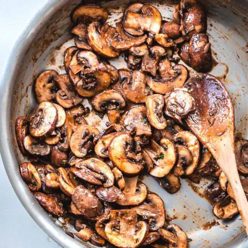 Healthy Balsamic Mushrooms recipe displayed in a pan.