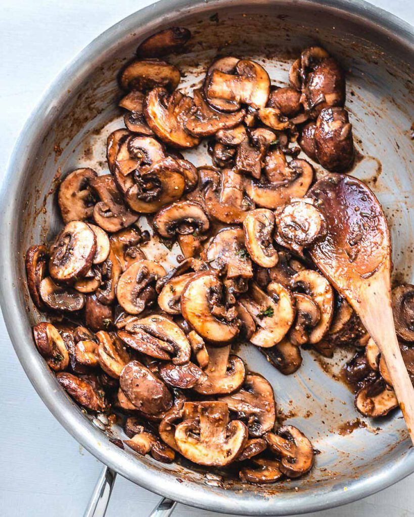 Healthy Balsamic Mushrooms recipe displayed in a pan.