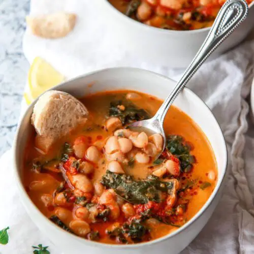 Mediterranean White Bean Soup with Harissa & Tahini
