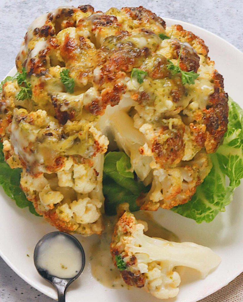 Whole Roasted Cauliflower With Cheesy Pesto Good Old Vegan