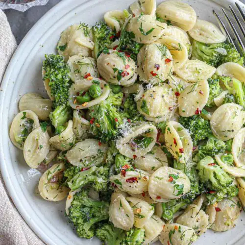 Creamy Orecchiette with Broccoli, Peas & Herbs
