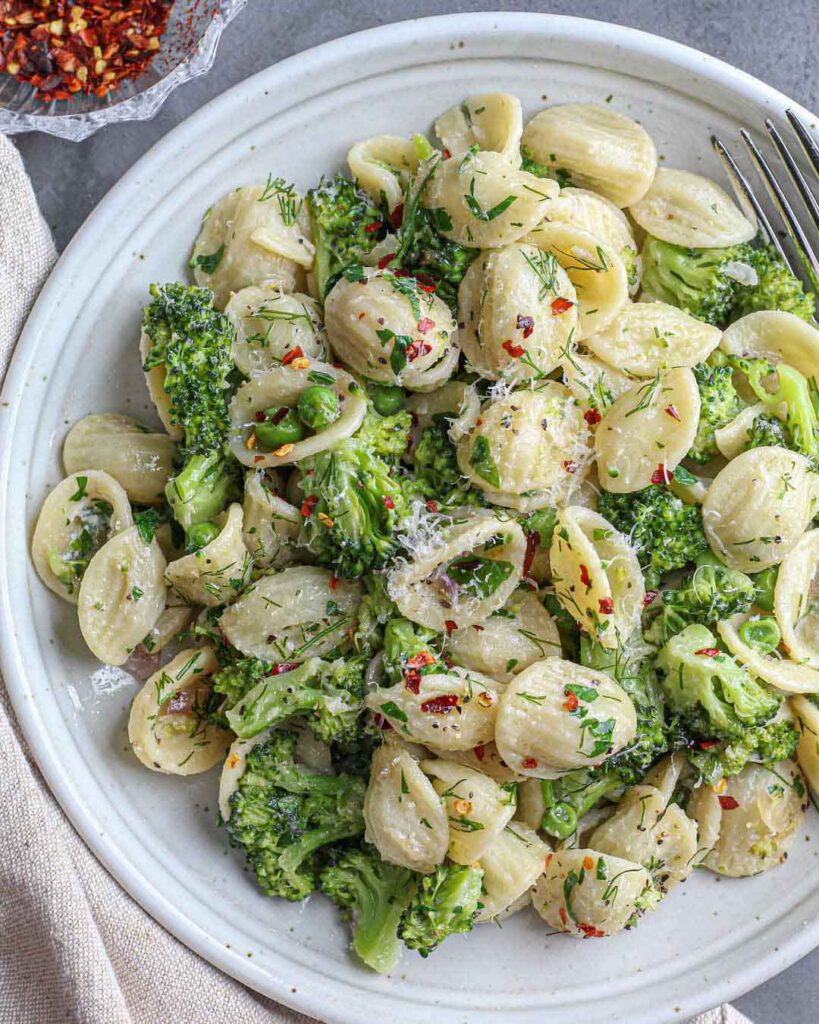 Creamy Orecchiette With Broccoli, Peas & Herbs - Good Old Vegan