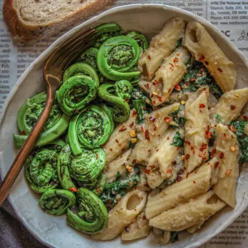 Creamy Spinach Penne with Steamed Fiddleheads