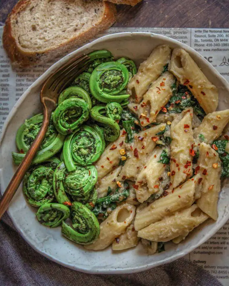 Creamy Spinach Penne with Steamed Fiddleheads