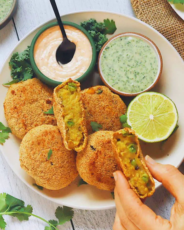 Aloo Tikki (Potato Croquettes) recipe served on a plate with dips.