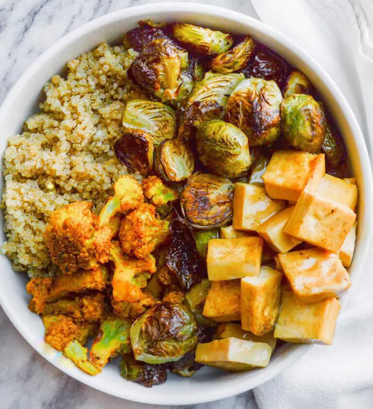 Citrus Orange Tofu with Brussels Sprouts recipe served in a bowl.
