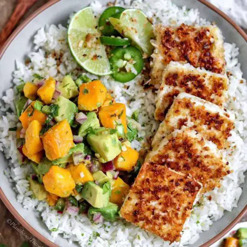Coconut Panko Crusted Tofu with Mango Avocado Salad recipe served on a plate with rice.
