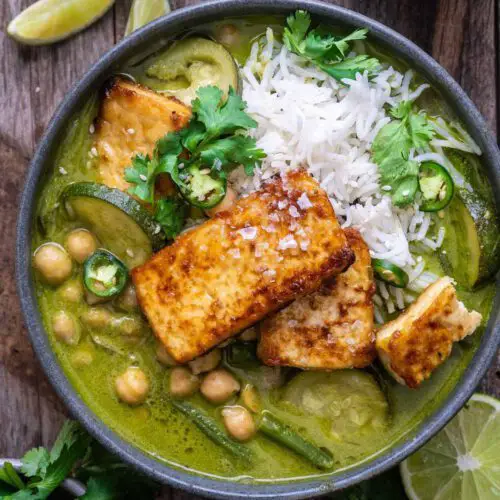 Spicy Coconut Lime Curry with Crispy Marinated Tofu recipe served in a bowl.
