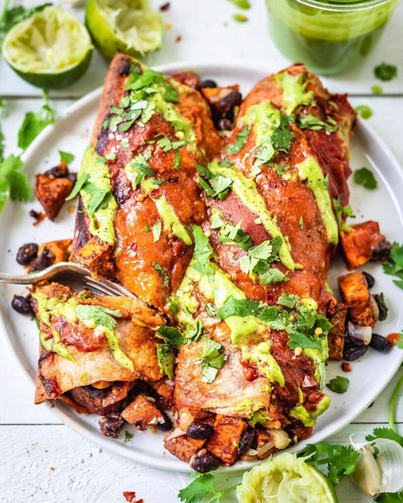 Sweet Potato Black Bean Enchiladas recipe served on plate.