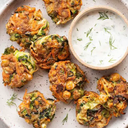 Vegan Broccoli Chickpea Fritters recipe served on a plate.