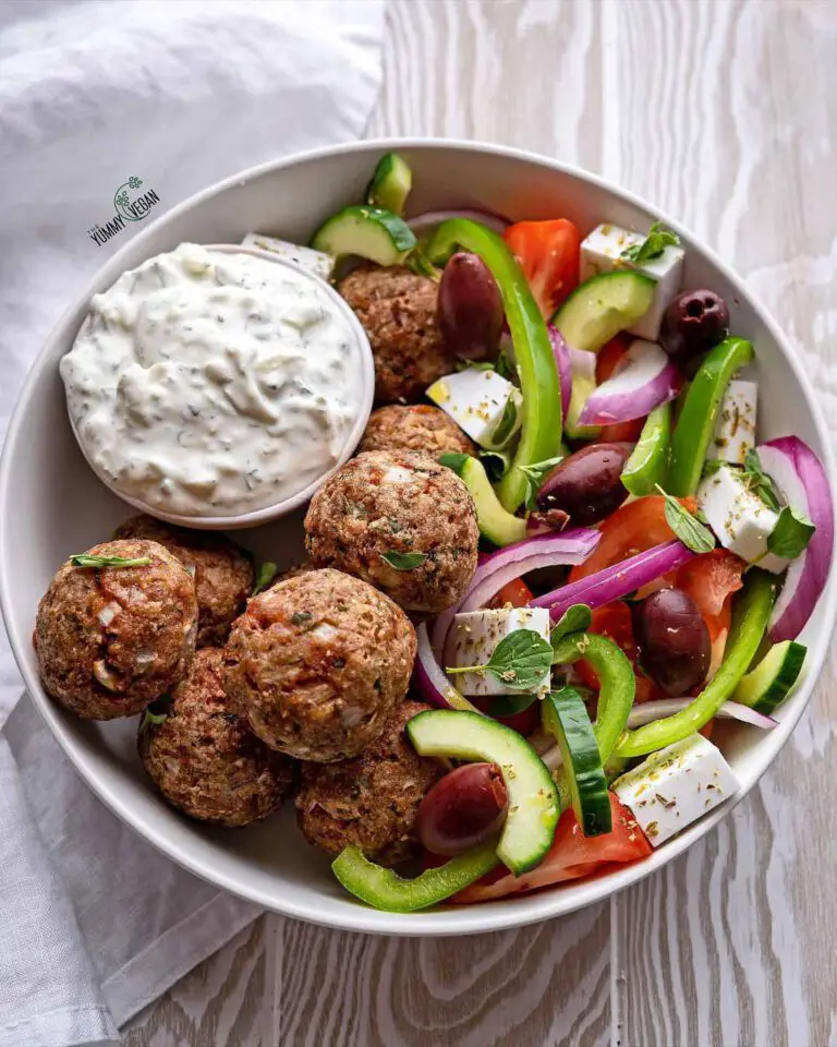 Vegan Greek Meatballs with Tzatziki recipe served in a bowl.