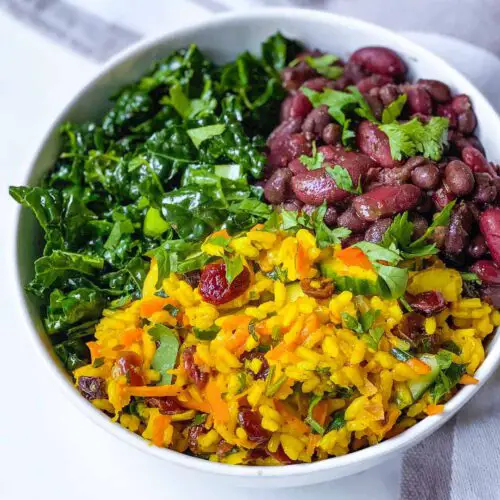 Caribbean Red Beans and Turmeric Rice recipe served in a bowl.