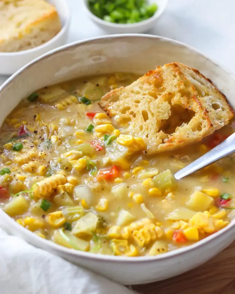 Vegan Corn Chowder recipes displayed in a bowl with with and a piece of bread.
