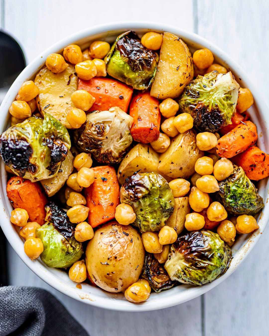 Balsamic-Maple Roasted Veggies & Chickpeas recipe served in a bowl.