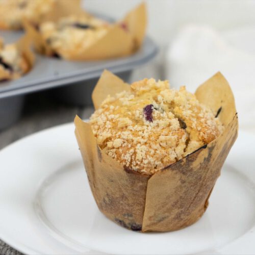 Jumbo Bakery Style Blueberry Muffins recipe served in a cupcake.