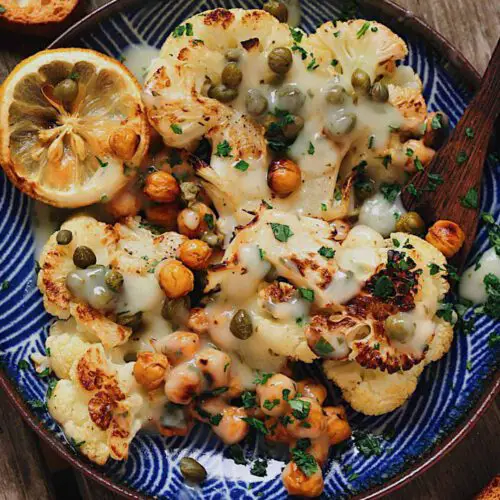 Roasted Cauliflower & Chickpea Piccata recipe served in a bowl.
