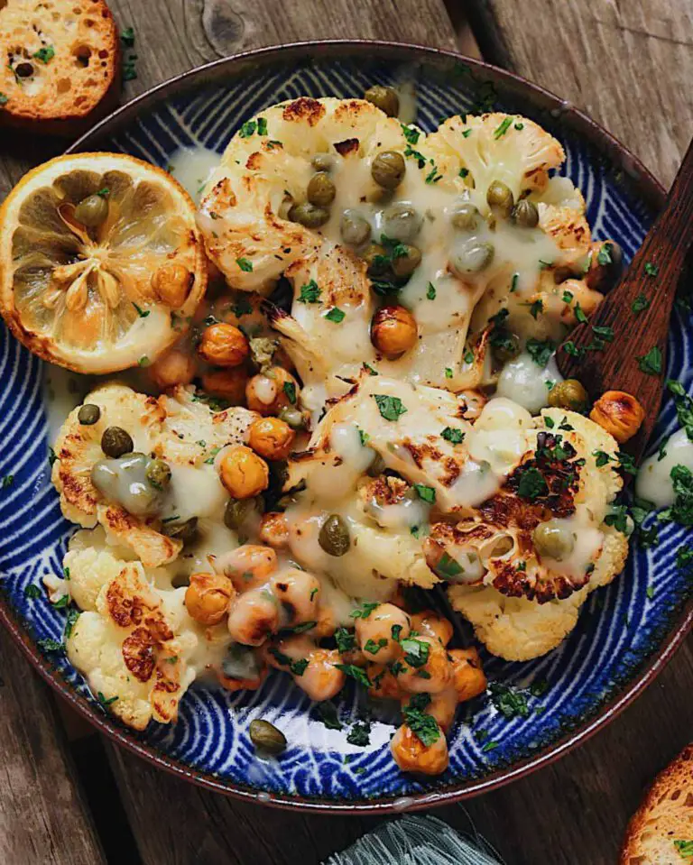 Roasted Cauliflower & Chickpea Piccata recipe served in a bowl.