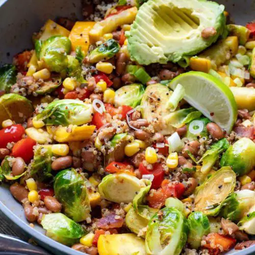 Easy Quinoa And Pinto Bean Skillet recipe served in a bowl.
