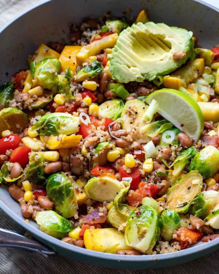 Easy Quinoa And Pinto Bean Skillet recipe served in a bowl.