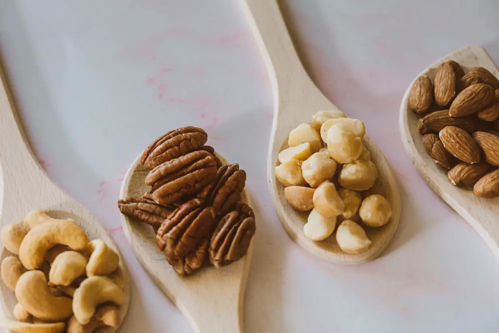 Walnuts, hazelnuts, almonds and cashews displayed on spoons.