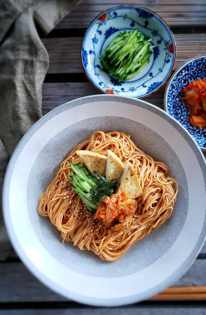 Bibim Men (Korean Style Cold Mixed Noodles) recipe served in a bowl.