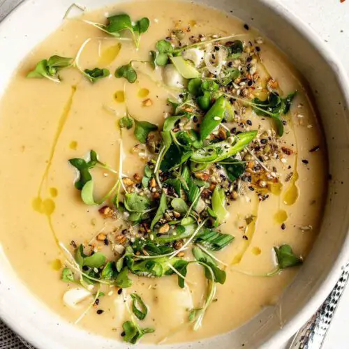 Creamy Cheesy Potato Soup recipe served in a bowl.