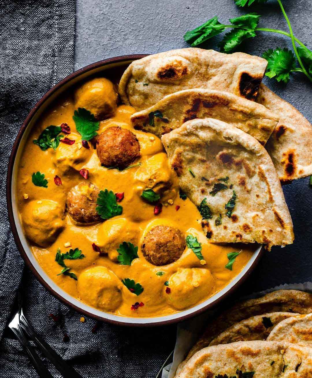 Indian Jackfruit Kofta recipe served in a bowl with naan.