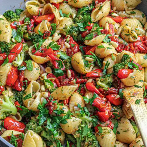 Shells with Roasted Tomatoes & Broccoli recipe served in a large pan.