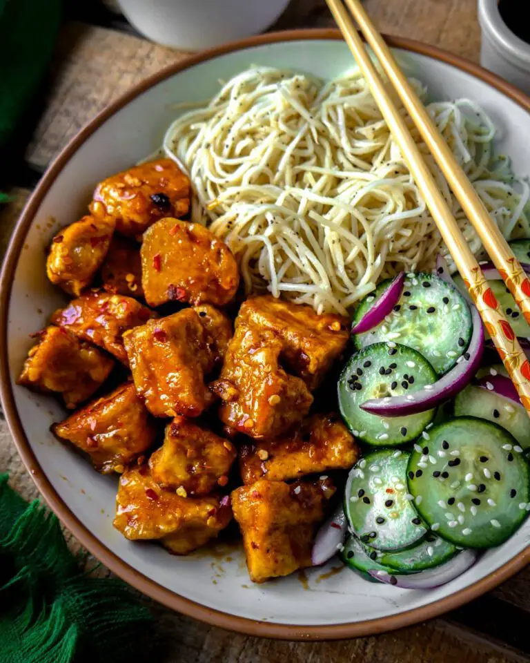 Sweet Chili Tofu and Cucumber Salad recipe served in a bowl.