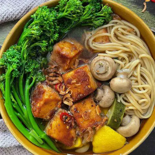 Tofu & Veg Ramen Hot Pot recipe served in a bowl.