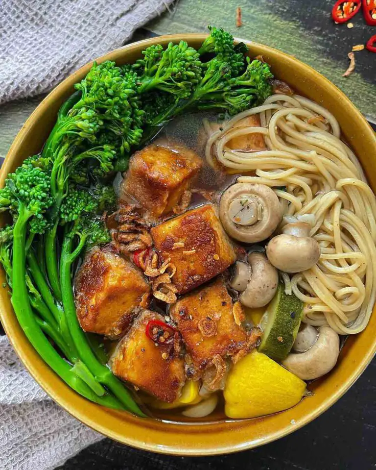 Tofu & Veg Ramen Hot Pot recipe served in a bowl.
