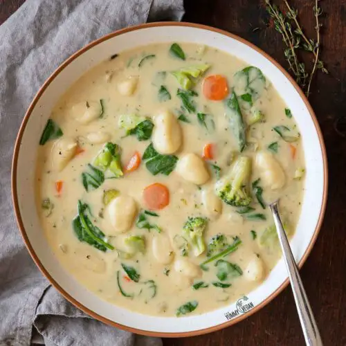 Creamy Vegetable Gnocchi Soup recipe served in a bowl.