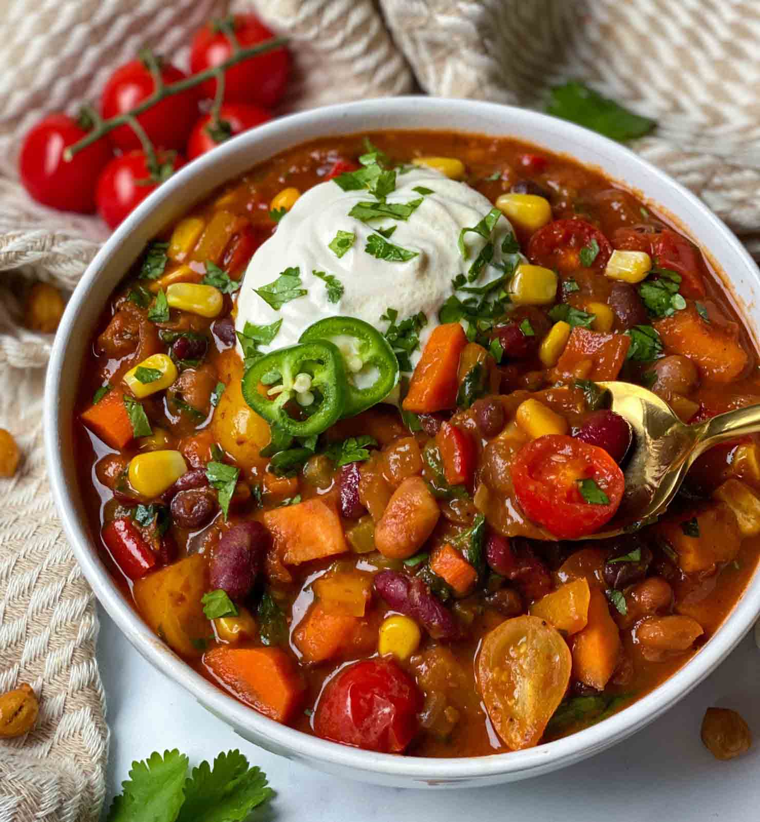 Healthy Vegan Sweet Potato Chili recipe served in a bowl.