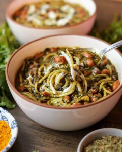 Persian Noodle Soup (Vegan Ash Reshteh) recipe served in a bowl.