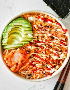 Tofu Salmon Rice Bowl with Sweet Chili Sauce and Homemade Vegan Mayo recipe served in bowl.